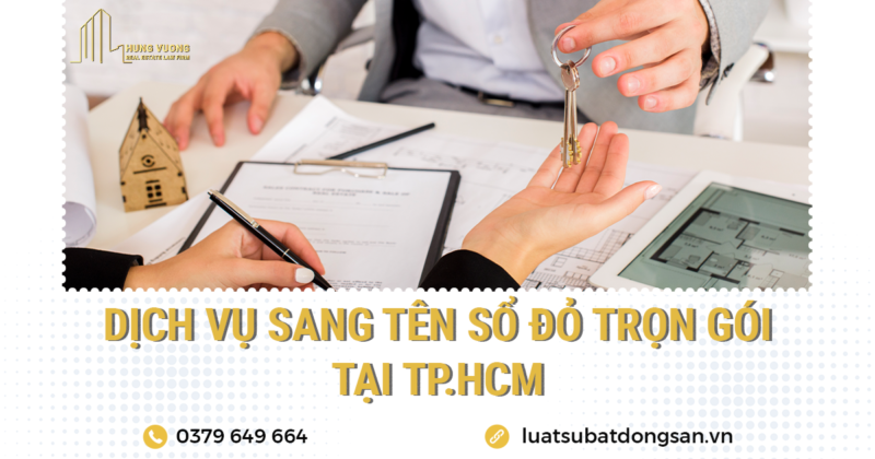 Văn phòng luật sư tư vấn đất đai - BĐS Hưng Vượng chuyên cung cấp dịch vụ sang tên sổ đỏ trọn gói tại TPHCM (sang tên sổ đỏ từ hợp đồng ủy quyền, cha mẹ sang tên sổ đỏ cho con, chồng sang tên sổ đỏ cho vợ, anh em ruột sang tên sổ đỏ, con sang tên sổ đỏ cho bố mẹ, bố mất sang tên sổ đỏ cho mẹ …) Luật sư nhà đất uy tín TPHCM “sẽ lo thay nghĩ hộ” và thực hiện toàn bộ Thủ tục sang tên sổ đỏ cho đến khi khách hàng có được sổ đỏ mang tên mình Dịch vụ sang tên sổ đỏ trọn gói tại TPHCM, gồm: Kiểm tra tính hợp lệ, đánh giá tình trạng pháp lý các loại giấy tờ sang tên sổ đỏ Tư vấn thuế và lệ phí sang tên sổ đỏ Soạn thảo, lập hợp đồng đặt cọc (nếu có) Tư vấn chuẩn bị hồ sơ công chứng/chứng thực giao dịch nhà đất Nhận ủy quyền để thực hiện thủ tục công chứng/chứng thực giao dịch nhà đất (nếu có) Nhận ủy quyền để thực hiện thủ tục sang tên tại Văn phòng đăng ký đất đai Quận/huyện Chuẩn bị hồ sơ sang tên sổ đỏ để nộp theo quy định Nộp hồ sơ sang tên sổ đỏ tại Văn phòng đăng ký đất đai Làm việc với cán bộ tiếp nhận hồ sơ, bổ túc hồ sơ …. Theo dõi hồ sơ và thông báo tình trạng hồ sơ đến quý khách hàng Nộp thuế nhà đất, lệ phí trước bạ theo quy định Nhận sổ đỏ đã cập nhật thành công chủ sở hữu mới và bàn giao lại cho khách hàng Bạn được gì khi nhờ Luật sư nhà đất uy tín TPHCM? Không mất thời gian, nhàn hạ, thảnh thơi mà vẫn có được điều mình muốn Đảm bảo an toàn pháp lý, tránh mọi rủi ro phát sinh Nhanh chóng có được sổ đỏ đã cập nhật thành công chủ sở hữu mới. Chỉ bỏ ít chi phí mà lại được rất nhiều lợi ích “đầu tư có lời cao” Luật sư nhà đất uy tín TPHCM đã mang lại lợi ích to lớn cho hàng ngàn khách hàng và bạn sẽ là người tiếp theo hài lòng với Dịch vụ sang tên sổ đỏ trọn gói tại TPHCM