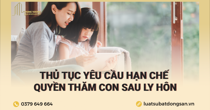 Nhiều cuộc hôn nhân tan vỡ nạn nhân bị tổn thương nhiều nhất là những đứa con, trường hợp cha hoặc mẹ lấy lý do được quyền thăm nom con để trục lợi hay gây ảnh hưởng xấu đến sự phát triển và đời sống tinh thần của con. Vậy làm cách nào để hạn chế quyền thăm nom của người còn lại và thủ tục như thế nào? Theo quy định tại khoản 3 Điều 82 Luật hôn nhân và gia đình năm 2014 quy định trong trường hợp cha, mẹ không trực tiếp nuôi con lạm dụng việc thăm nom để cản trở hoặc gây ảnh hưởng xấu đến việc trông nom, chăm sóc, nuôi dưỡng, giáo dục con thì người trực tiếp nuôi con có quyền yêu cầu Tòa án hạn chế quyền thăm nom con của người đó. 1. Hồ sơ cần chuẩn bị                                                                                                              - Đơn yêu cầu tòa án hạn chế quyền thăm nom con sau ly hôn (Theo mẫu); (LINK NHA GIANG, MÀ CHƯA XONG CÁI NÀY) - Bản sao quyết đinh/ bản án ly hôn; - Bản sao chứng minh nhân dân, hộ chiếu, căn cước công dân; - Chứng cứ chứng minh người kia lạm dụng việc thăm nom để cản trở, gây ảnh hưởng xấu đến việc trông nom, chăm sóc, nuôi dưỡng, giáo dục con 2. Thẩm quyền giải quyết: Tòa án nhân dân cấp quận/ huyện nơi cha, mẹ cư trú. 3. Án phí: 300.000 đồng 4. Thời gian giải quyết: việc yêu cầu hạn chế quyền thăm con sau khi ly hôn thường diễn ra khoảng 01 – 02 tháng. Để nhàn hơn, bạn cũng có thể nhờ đến dịch vụ Luật sư Ly Hôn. Công ty Luật Công ty Luật BĐS Hưng Vượng - chuyên cung cấp Dịch vụ Luật sư Ly Hôn từ A - Z  bao gồm: Ly hôn nhanh, giành quyền nuôi con, phân chia tài sản khi ly hôn,...